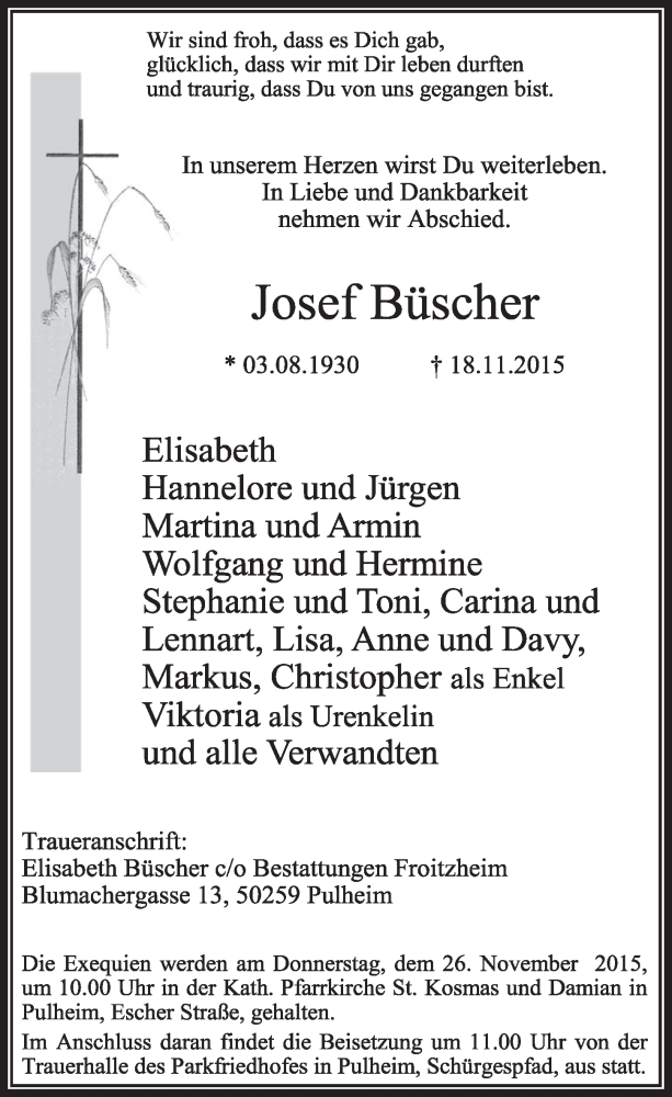  Traueranzeige für Josef Büscher vom 21.11.2015 aus  Sonntags-Post 