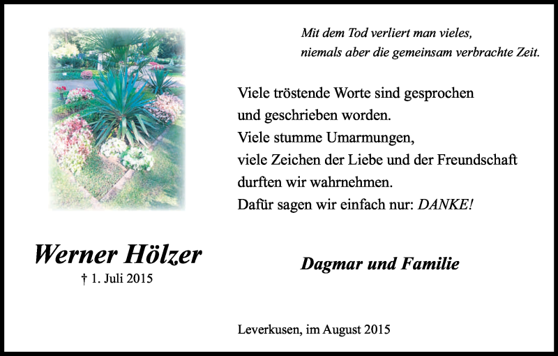  Traueranzeige für Werner Hölzer vom 22.08.2015 aus Kölner Stadt-Anzeiger / Kölnische Rundschau / Express