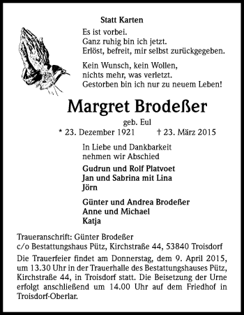 Anzeige von Margret Brodeßer von Kölner Stadt-Anzeiger / Kölnische Rundschau / Express