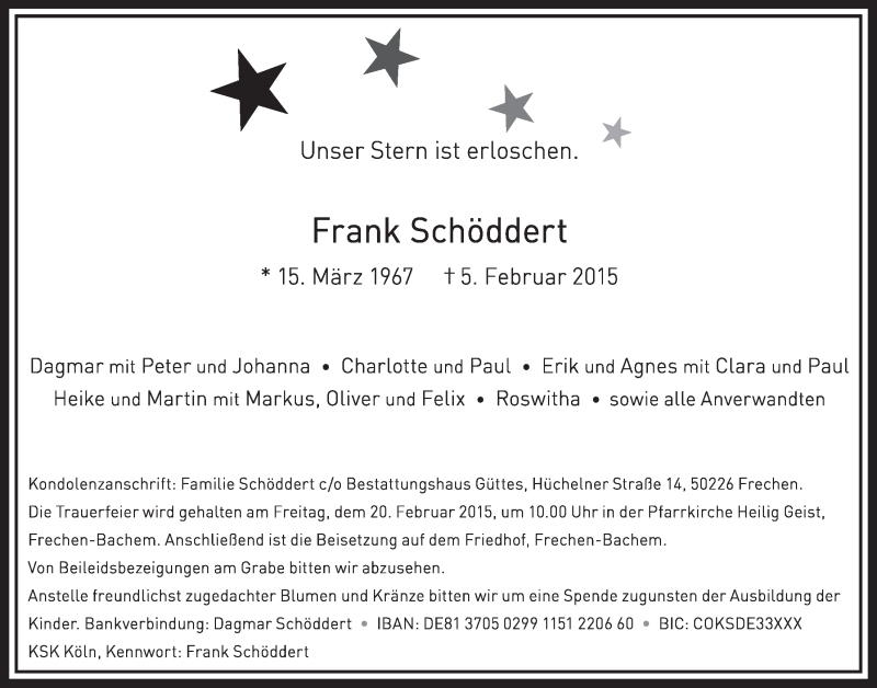  Traueranzeige für Frank Schöddert vom 14.02.2015 aus  Sonntags-Post 