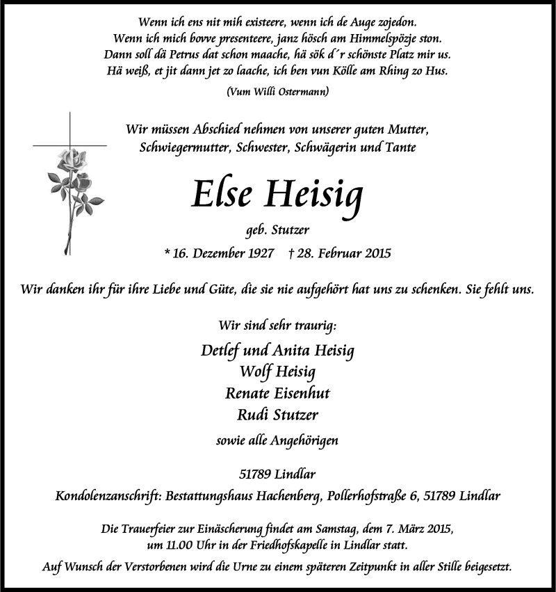  Traueranzeige für Else Heisig vom 05.03.2015 aus Kölner Stadt-Anzeiger / Kölnische Rundschau / Express