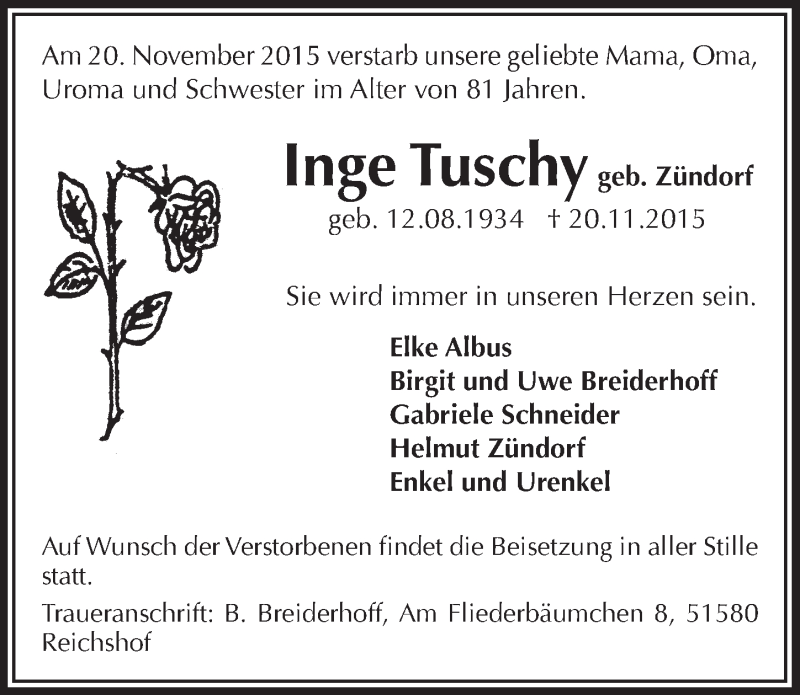  Traueranzeige für Helmut Tuschy vom 02.12.2015 aus  Anzeigen Echo 