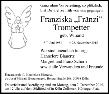 Anzeige von Franziska Trompetter von Kölner Stadt-Anzeiger / Kölnische Rundschau / Express