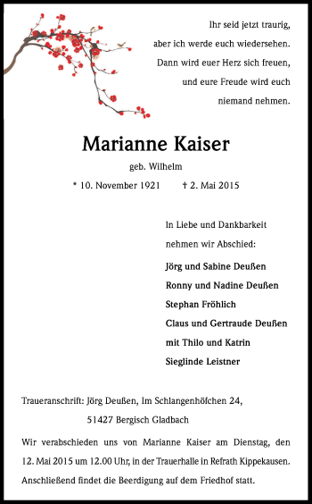 Anzeige von Marianne Kaiser von Kölner Stadt-Anzeiger / Kölnische Rundschau / Express