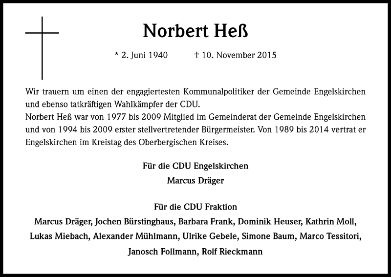  Traueranzeige für Norbert Heß vom 13.11.2015 aus Kölner Stadt-Anzeiger / Kölnische Rundschau / Express