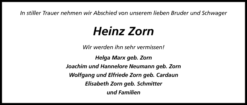  Traueranzeige für Heinz Zorn vom 22.04.2015 aus Kölner Stadt-Anzeiger / Kölnische Rundschau / Express