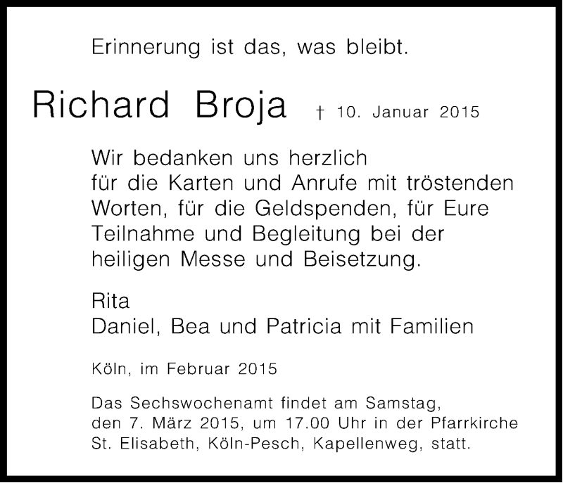  Traueranzeige für Richard Broja vom 21.02.2015 aus Kölner Stadt-Anzeiger / Kölnische Rundschau / Express