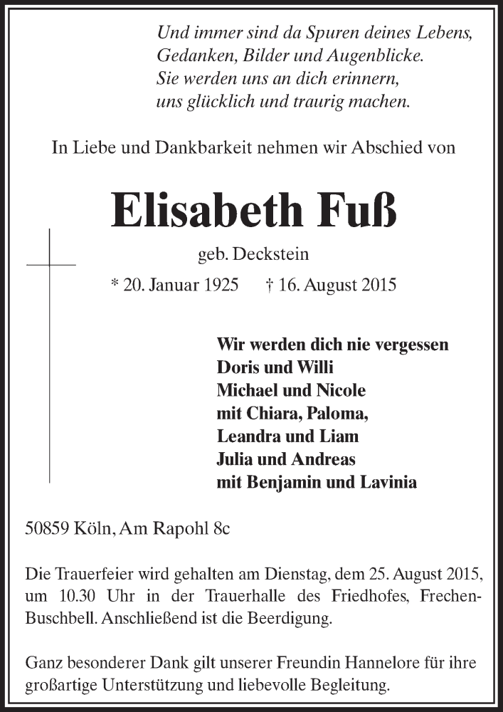  Traueranzeige für Elisabeth Fuß vom 22.08.2015 aus  Sonntags-Post 