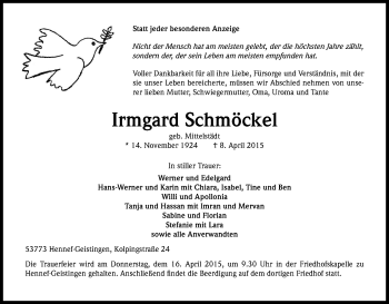 Anzeige von Irmgard Schmöckel von Kölner Stadt-Anzeiger / Kölnische Rundschau / Express