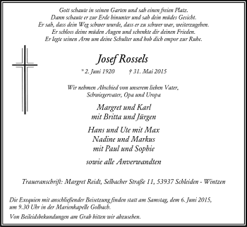 Anzeige von Josef Rossels von Kölner Stadt-Anzeiger / Kölnische Rundschau / Express