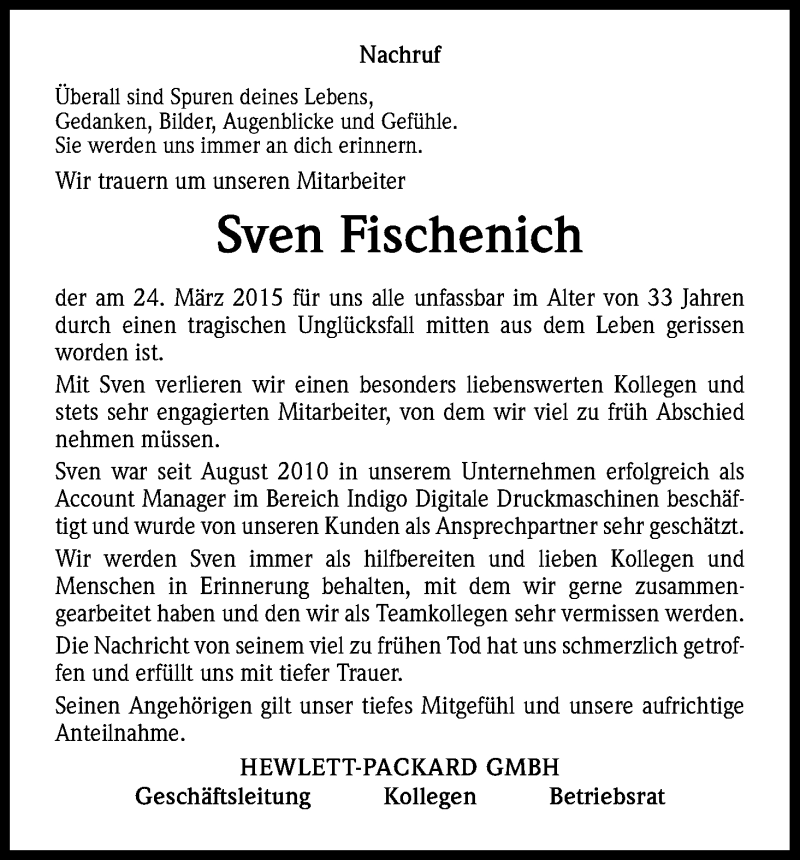  Traueranzeige für Sven Fischenich vom 11.04.2015 aus Kölner Stadt-Anzeiger / Kölnische Rundschau / Express