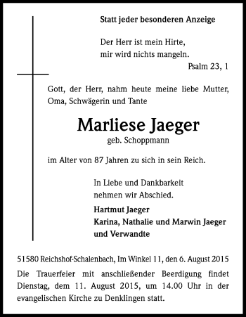 Anzeige von Marliese Jaeger von Kölner Stadt-Anzeiger / Kölnische Rundschau / Express