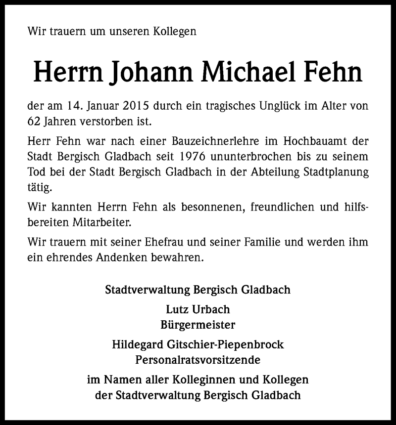  Traueranzeige für Johann Michael Fehn vom 24.01.2015 aus Kölner Stadt-Anzeiger / Kölnische Rundschau / Express