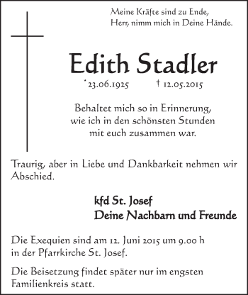 Anzeige von Edith Stadler von  Schlossbote/Werbekurier 