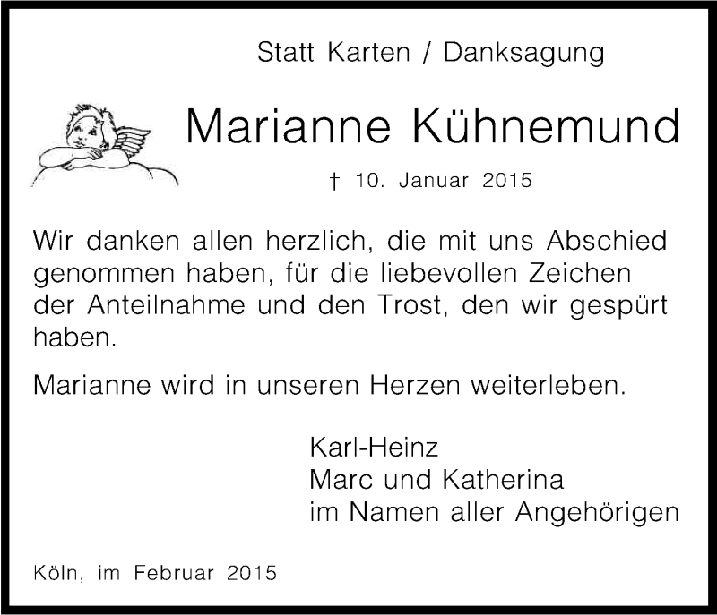  Traueranzeige für Marianne Kühnemund vom 07.02.2015 aus Kölner Stadt-Anzeiger / Kölnische Rundschau / Express