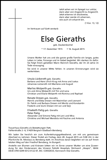 Anzeige von Else Gieraths von Kölner Stadt-Anzeiger / Kölnische Rundschau / Express