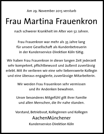 Anzeige von Martina Frauenkron von Kölner Stadt-Anzeiger / Kölnische Rundschau / Express