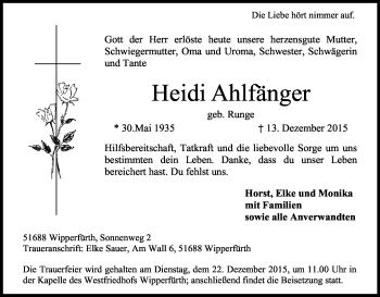 Anzeige von Heidi Ahlfänger von Kölner Stadt-Anzeiger / Kölnische Rundschau / Express