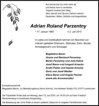Anzeige von Adrian Roland Parzentny von Kölner Stadt-Anzeiger / Kölnische Rundschau / Express