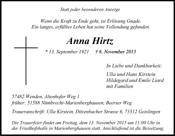 Anzeige von Anna Hirtz von Kölner Stadt-Anzeiger / Kölnische Rundschau / Express
