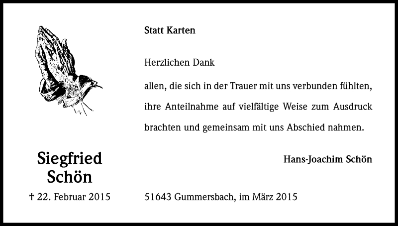  Traueranzeige für Siegfried Schön vom 25.03.2015 aus Kölner Stadt-Anzeiger / Kölnische Rundschau / Express