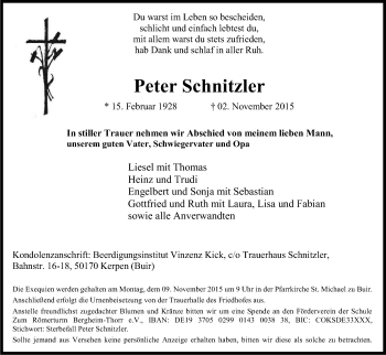 Anzeige von Peter Schnitzler von Kölner Stadt-Anzeiger / Kölnische Rundschau / Express