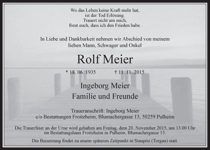  Traueranzeige für Rolf Meier vom 18.11.2015 aus  Wochenende 