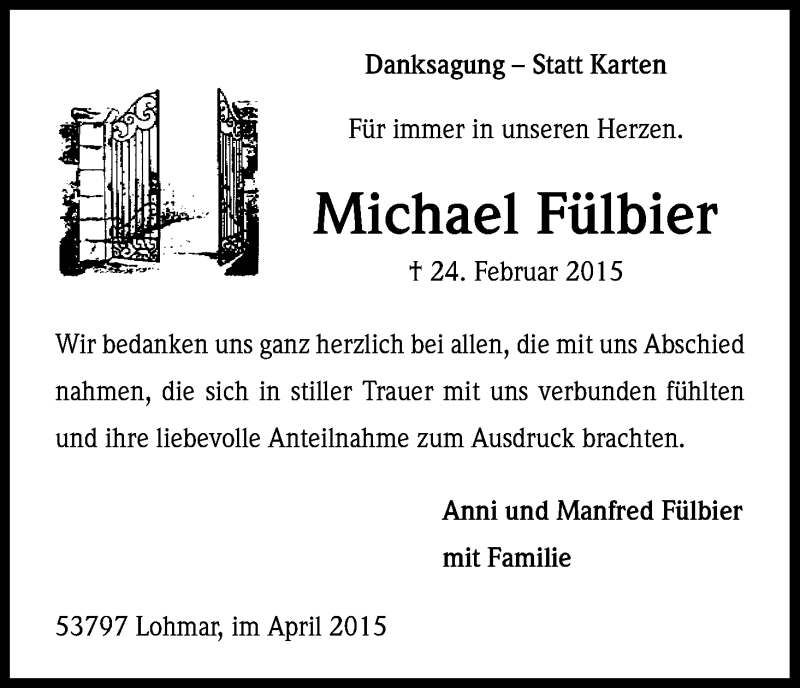  Traueranzeige für Michael Fülbier vom 15.04.2015 aus Kölner Stadt-Anzeiger / Kölnische Rundschau / Express