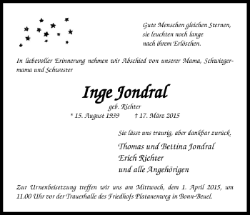 Anzeige von Inge Jondral von Kölner Stadt-Anzeiger / Kölnische Rundschau / Express