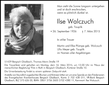 Anzeige von Ilse Walczuch von Kölner Stadt-Anzeiger / Kölnische Rundschau / Express