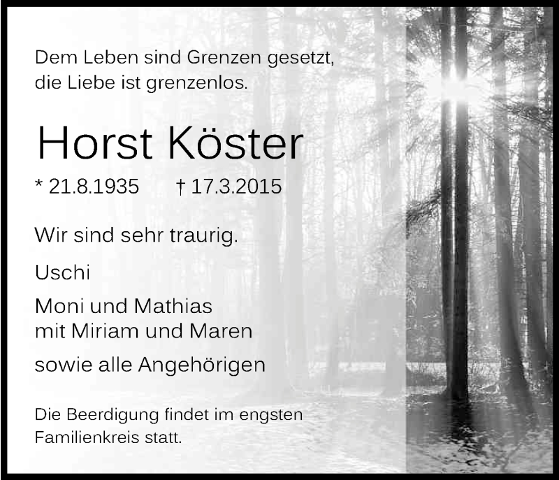  Traueranzeige für Horst Köster vom 21.03.2015 aus Kölner Stadt-Anzeiger / Kölnische Rundschau / Express