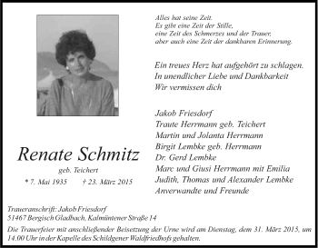 Anzeige von Renate Schmitz von Kölner Stadt-Anzeiger / Kölnische Rundschau / Express