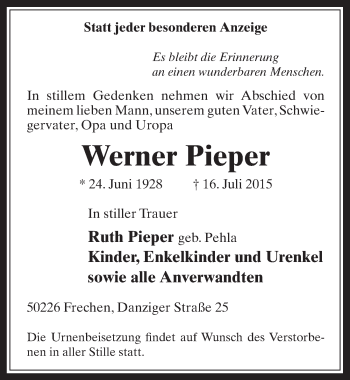 Anzeige von Werner Pieper von  Wochenende 