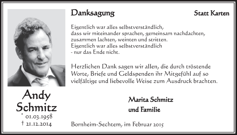  Traueranzeige für Andy Schmitz vom 11.02.2015 aus  Schlossbote/Werbekurier 