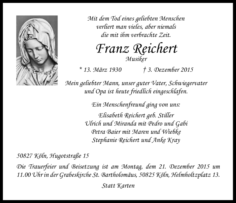  Traueranzeige für Franz Reichert vom 12.12.2015 aus Kölner Stadt-Anzeiger / Kölnische Rundschau / Express