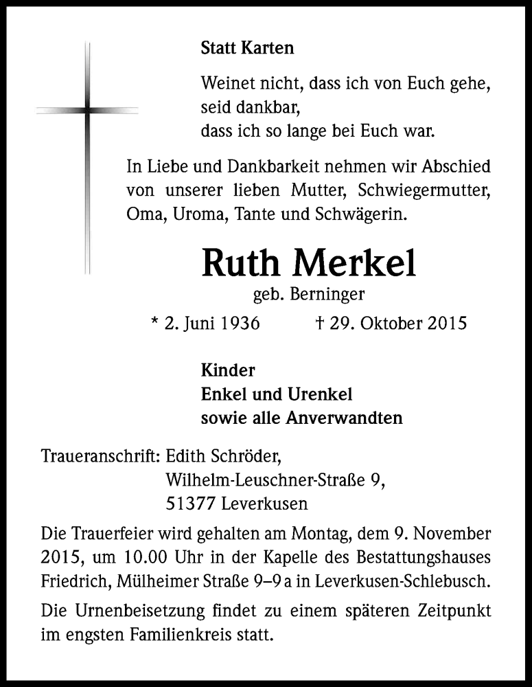  Traueranzeige für Ruth Merkel vom 04.11.2015 aus Kölner Stadt-Anzeiger / Kölnische Rundschau / Express