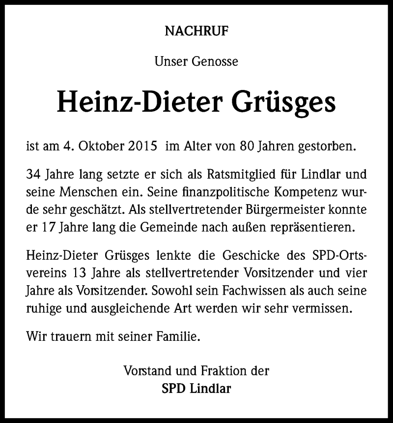  Traueranzeige für Heinz-Dieter Grüsges vom 10.10.2015 aus Kölner Stadt-Anzeiger / Kölnische Rundschau / Express