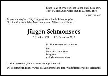 Anzeige von Jürgen Schmonsees von Kölner Stadt-Anzeiger / Kölnische Rundschau / Express