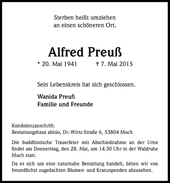 Anzeige von Alfred Preuß von Kölner Stadt-Anzeiger / Kölnische Rundschau / Express