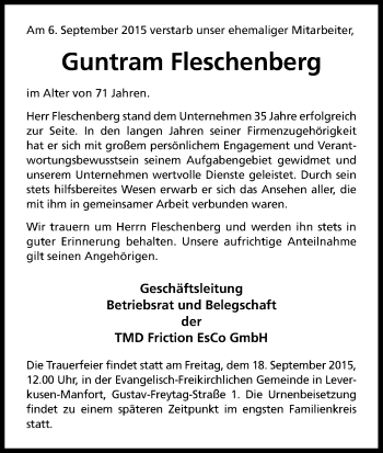 Anzeige von Guntram Fleschenberg von Kölner Stadt-Anzeiger / Kölnische Rundschau / Express