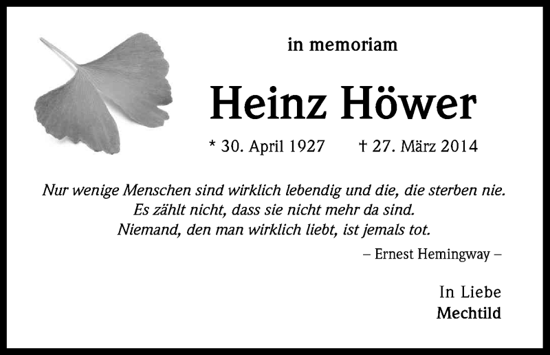  Traueranzeige für Heinz Höwer vom 27.03.2015 aus Kölner Stadt-Anzeiger / Kölnische Rundschau / Express