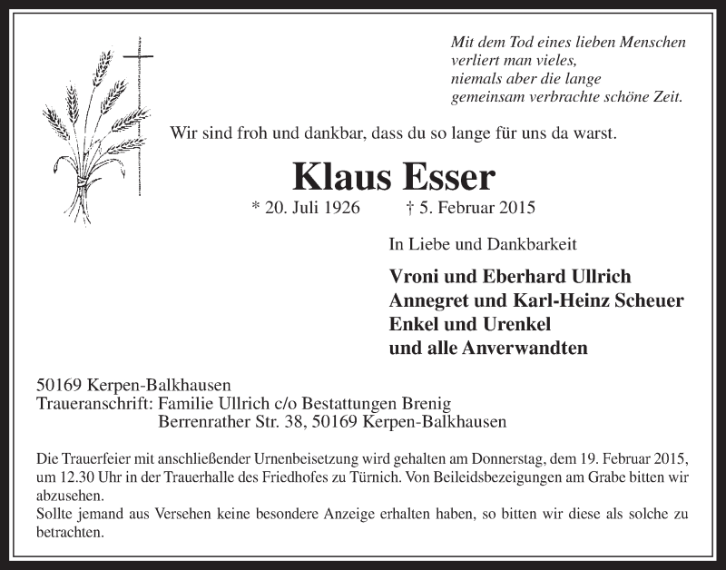  Traueranzeige für Klaus Esser vom 11.02.2015 aus  Werbepost 