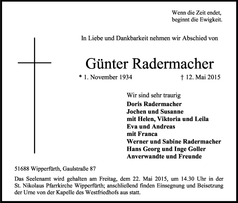  Traueranzeige für Günter Radermacher vom 16.05.2015 aus Kölner Stadt-Anzeiger / Kölnische Rundschau / Express