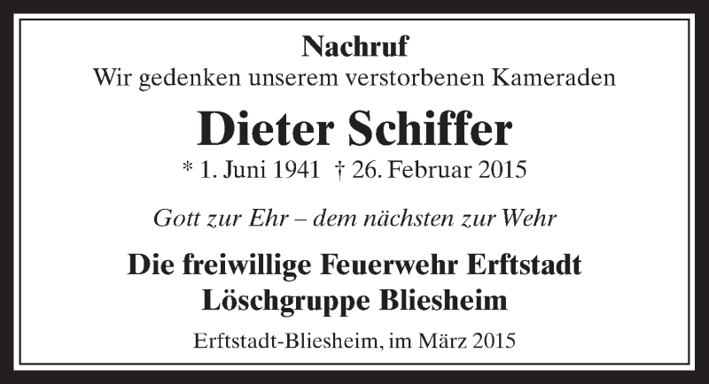  Traueranzeige für Dieter Schiffer vom 18.03.2015 aus  Werbepost 