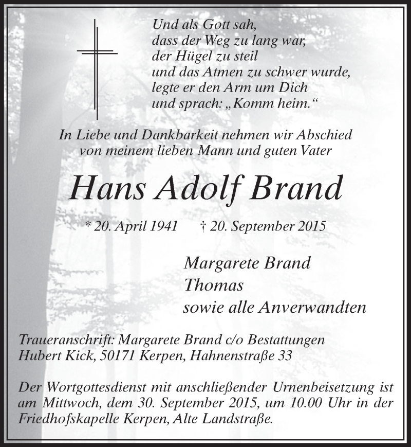  Traueranzeige für Hans Adolf Brand vom 26.09.2015 aus  Sonntags-Post 