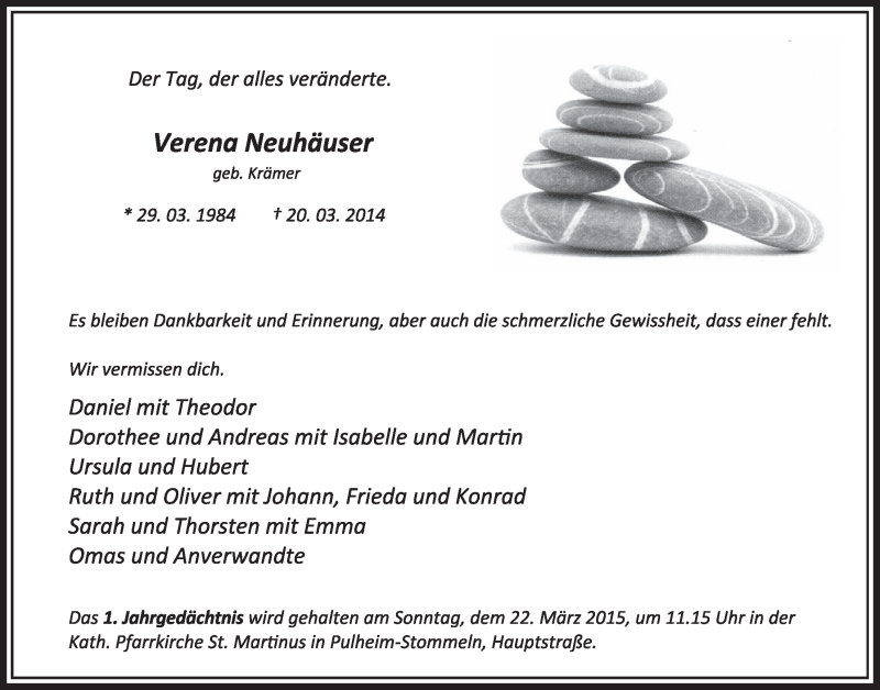  Traueranzeige für Verena Neuhäuser vom 21.03.2015 aus  Sonntags-Post 