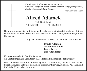 Anzeige von Alfred Adamek von Kölner Stadt-Anzeiger / Kölnische Rundschau / Express