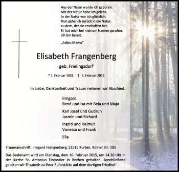 Anzeige von Elisabeth Frangenberg von Kölner Stadt-Anzeiger / Kölnische Rundschau / Express