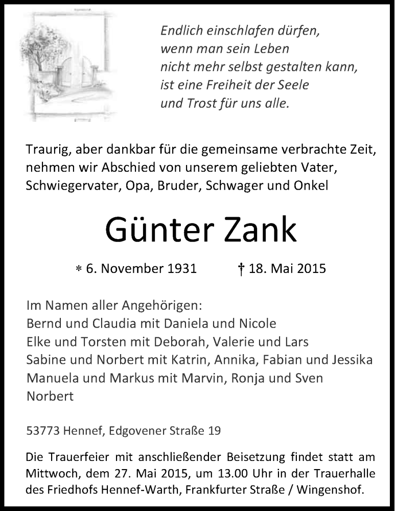  Traueranzeige für Günter Zank vom 21.05.2015 aus Kölner Stadt-Anzeiger / Kölnische Rundschau / Express