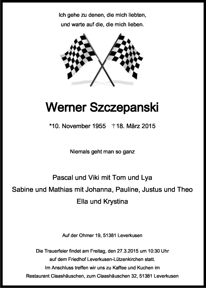  Traueranzeige für Werner Szczepanski vom 24.03.2015 aus Kölner Stadt-Anzeiger / Kölnische Rundschau / Express